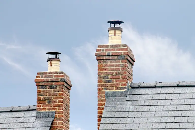 Two brick chimneys with cream pots and metal cowls on a slate roof under a bright sky